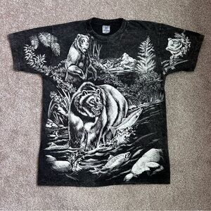 Vtg 90s Belton All Over Print Grizzly Bear Salmon T-Shirt Lg USA Made Wildlife